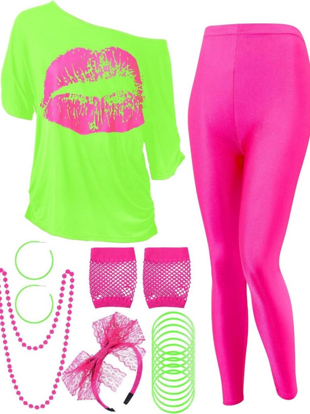 80s Inspired Women's Costume Set - T-Shirt, Geometric Leggings, Accessories